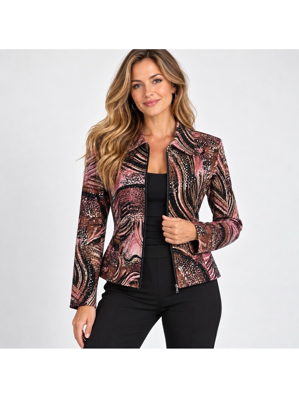 Joseph Ribkoff Jacket Women 10 Sequin Abstract Animal Print Y2K Made Canada Art